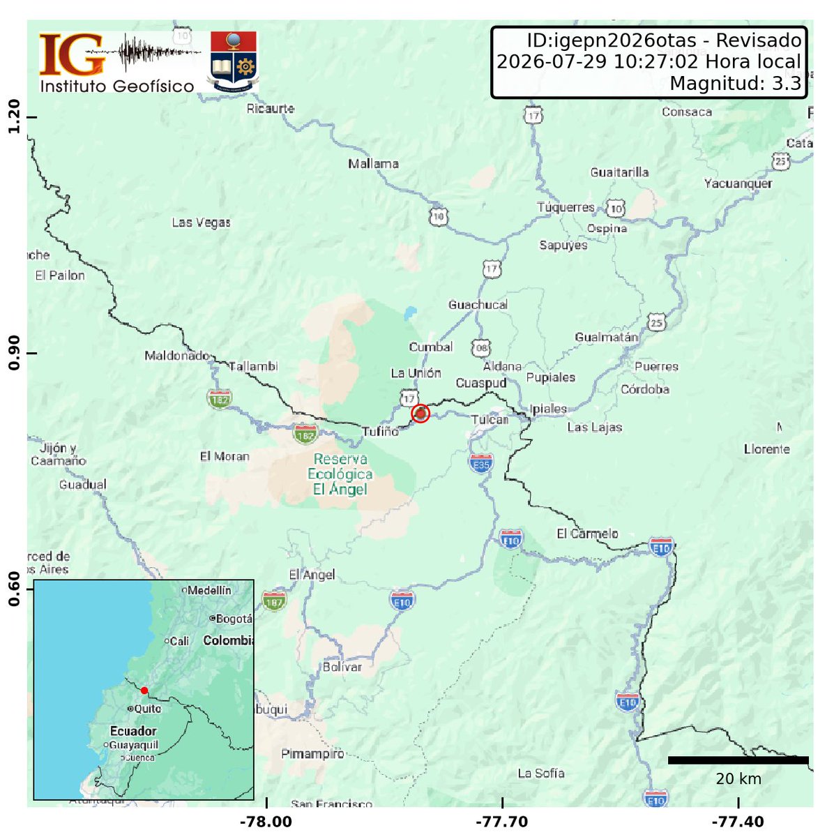 IGecuador's tweet photo. [REVISADO]
Evento: igepn2026otas
Ocurrido: 2026-07-29 10:27:02
Mag.: 3.3MLv
Prof.: 5.0 km
Lat.: 0.823° N
Long.: 77.804° W
Localizado: a 9.46 km de Cumbal, Narino
Sintió este sismo? Repórtelo: https://t.co/SQ3zL97vKT https://t.co/fvHT6fE0o5