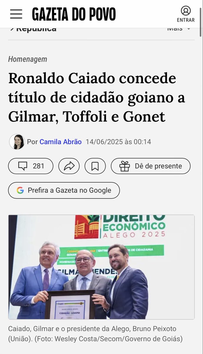 guitodeschini's tweet photo. @ronaldocaiado “Direita raiz”? Faça-me o favor. Tu HOMENAGEOU Gilmar, Toffoli e Gonet.

Tenha vergonha na cara. https://t.co/naEAOFLZDC
