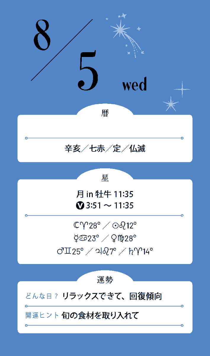 Mycalendar_st's tweet photo. #今日の運勢
8月5日💫

♈足りないものより今ある力に目を向けて
♉身近な幸せを味わうと運気上昇
♊これまでの積み重ねが実を結ぶ日
♋当たり前の存在に感謝を伝えて
♌自分の魅力を信じて進もう
♍今ある環境を活かす工夫が吉
♎手元にあるチャンスを見逃さないで
♏欲張らず今の幸運を大切に
♐身近な人との縁が力になる
♑できていることを認めると前進
♒今ある選択肢の中に答えがある
♓安心できる場所が心を満たしてくれる

＼ 占い雑誌『マイカレンダー』復刊号発売中 ／
▼詳細はこちら
https://t.co/SEyYnUCNb2