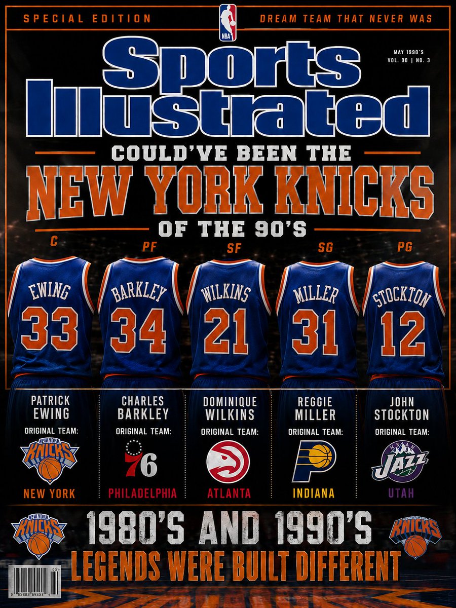 NYK_Mentality85's tweet photo. I think I had a dream.

New York Knicks of the 1990's.

C: Patrick Ewing.
PF: Charles Barkley.
SF: Dominique Wilkins.
SG: Reggie Miller.
PG: John Stockton.

Combined 0 NBA Championships.

Imagine it they would've all pulled a LeBron James/Kevin Durant and All-5 joined forces.

(Michael Jordan would've retired with 0 NBA Championships).

Patrick Ewing for example never played with not even 1 Hall of Fame Teammate but yet still stayed with New York for 15 years instead of having 10+ Hall of Fame Teammates like LeBron James.

Charles Barkley played 16 years between only 3 different teams he spent his first 8 years in Philadelphia, his next 4 years in Phoenix and his last 4 years until 36 years old in Houston.

Dominique Wilkins might be the most underrated not talked about enough SF of All-Time spent his first 12 years in Atlanta with the Hawks and from 1986-1994 he made 9 consecutive All-Star's in a stacked and fully loaded Eastern Conference.

Reggie Miller played all 18 of his years in Indiana as a Pacer. In a fully loaded Eastern Conference. And just like #33 Patrick Ewing? Reggie Miller never played with a Hall of Fame Teammate outside of an old Chris Mullin @ the Twilight of his career.

John Stockton. Sayless. All 19 years with the Utah Jazz. Retired @ 40 years old and stuck around for another 5 years after losing to Jordan in 98'.

@KingJames
@KDTrey5

These guys will never understand the feelings of representing your city and leading your locker room for 10+ consecutive years in a row.

Instead both LeBron James and Kevin Durant did what All-Time legends like John Stockton, Reggie Miller, Dominique Wilkins, Charles Barkley and Patrick Ewing never did.

They never joined forces and became friends and teammates in order to beat Michael Jordan. 

There was too much honor. 
Too much pride. 
Too much heart.
And too much fight to admit defeat.

I hope once LeBron James and Kevin Durant retire that basketball goes back to the ways it used to be.

(I'm actually loving the current direction of the game today).