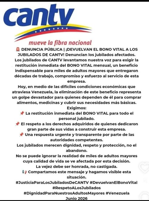 MarcoCeballo's tweet photo. #29Jul La jubilación NO es una dádiva de @SalaPrensaCantv,es un Concepto Contractual y un Derecho Adquirido.  #JubiladosCantvEnLucha Hace esta "DENUNCIA PÚBLICA" #CANTV #RestituyanELBono Ya @ONU_derechos @EFEnoticias @Norbey_Marin_ @carlaangola @SebastianaSin @la_katuar @NTN24 https://t.co/eNHp9nXJ9c