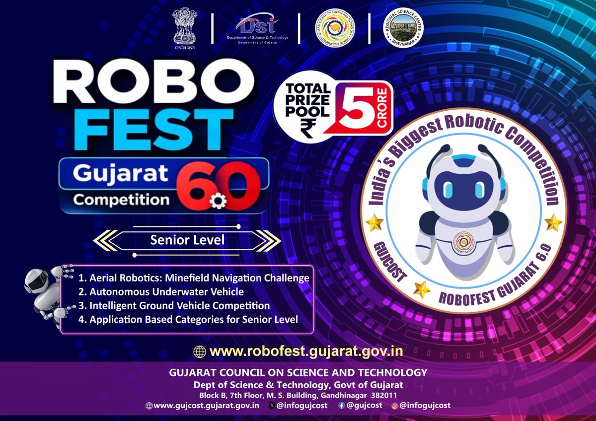 InfoGujcost's tweet photo. The future of India will be engineered by today's innovators.

Through #RobofestGujarat6, the @dstGujarat  and @InfoGujcost  are empowering college students to transform ideas into intelligent robotic solutions for real-world challenges.

From AI and #autonomous systems to advanced robotics, the competition provides a platform to innovate, build, collaborate and lead. Every prototype developed today is a step towards an Atmanirbhar, technology-driven and Viksit Bharat.

Registrations open now. Visit : https://t.co/RjL6IhKSvx
#EngineeringTheFuture #AI #Robotics #Innovation #FutureSkills  #ViksitBharat

@PMOIndia @CMOGuj @arjunmodhwadia @IndiaDST