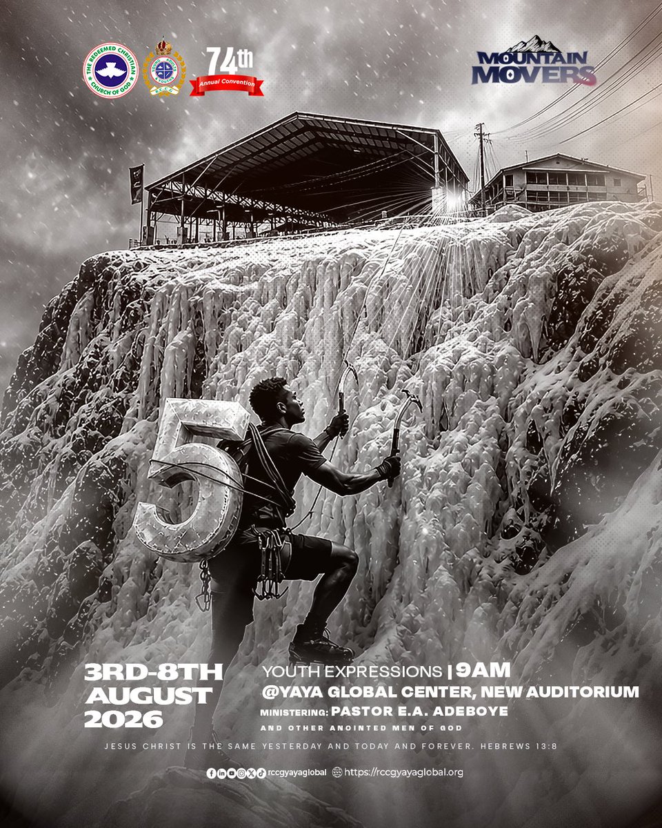 rccgyayaglobal's tweet photo. Not every mountain is removed.
Some are conquered.

God doesn’t only change your situation.
He changes you into someone who can stand above it.

Join thousands of young people at the RCCG 74th Annual Convention Youth Expressions as we receive grace to influence, lead, innovate, and advance as Mountain Movers.

🗓️ 3rd - 9th August 2026
📍 YAYA Global Center, New Auditorium, Redemption City
🕘 9:00 AM Daily

#MountainMovers #RCCGYAYAGlobal #RCCGConvention2026 #RCCGYAYAShineFestival2026 #MountainMoversYouthExpressions
