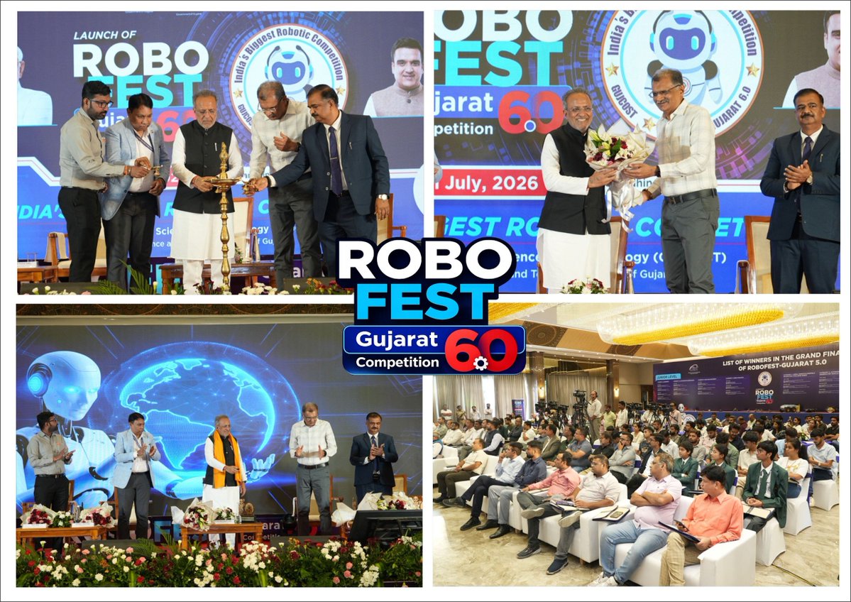 InfoGujcost's tweet photo. The future of India will be engineered by today's innovators.

Through #RobofestGujarat6, the @dstGujarat  and @InfoGujcost  are empowering college students to transform ideas into intelligent robotic solutions for real-world challenges.

From AI and #autonomous systems to advanced robotics, the competition provides a platform to innovate, build, collaborate and lead. Every prototype developed today is a step towards an Atmanirbhar, technology-driven and Viksit Bharat.

Registrations open now. Visit : https://t.co/RjL6IhKSvx
#EngineeringTheFuture #AI #Robotics #Innovation #FutureSkills  #ViksitBharat

@PMOIndia @CMOGuj @arjunmodhwadia @IndiaDST