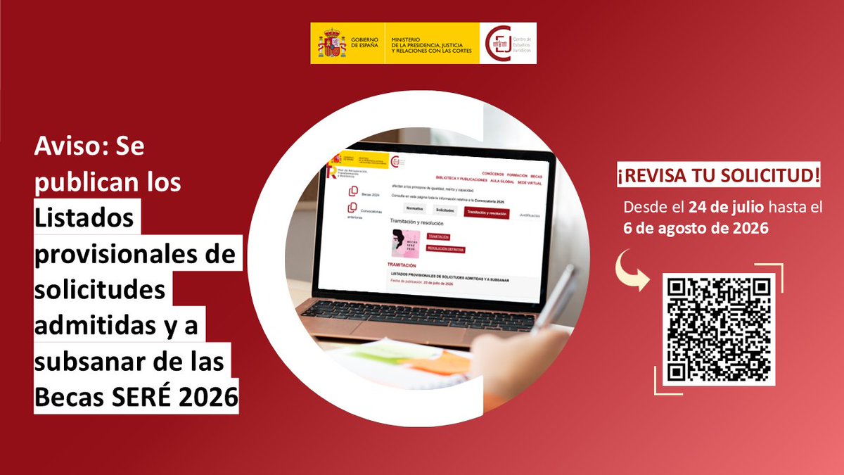 cejmjusticia's tweet photo. 📢 ¿Aún no has consultado los listados provisionales de las #BecasSERÉ2026 de @justiciagob?

📄 Comprueba el estado de tu solicitud y, en caso necesario, revisa la documentación que debes subsanar.

🌐 Toda la información está disponible en nuestra web:  https://t.co/RzEkdGTk59 https://t.co/ZnO9aCrCOZ