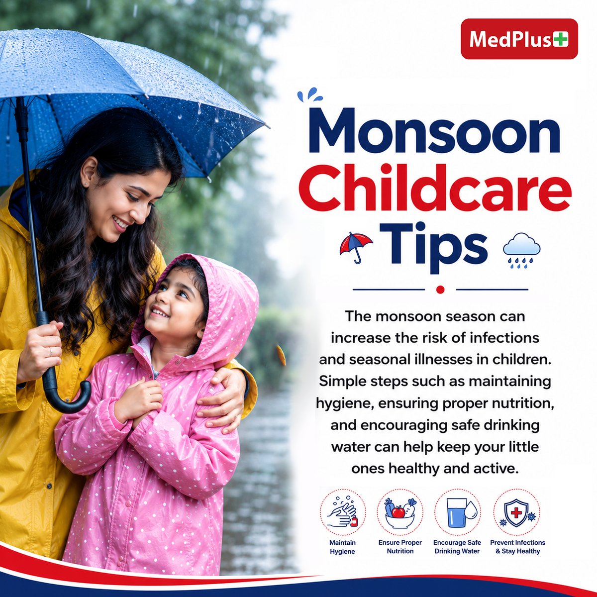 MedPlusIndia's tweet photo. The monsoon season can increase the risk of infections and seasonal illnesses in children. Simple steps such as maintaining hygiene, ensuring proper nutrition, and encouraging safe drinking water can help keep your little ones healthy and active.

#MonsoonCare #ChildHealth https://t.co/z2uyqZoa0w