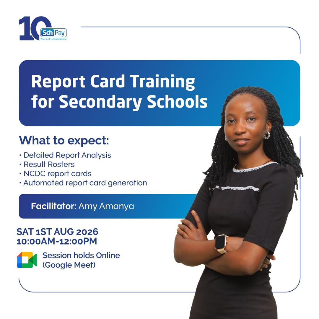 schoolpay_ug's tweet photo. 📢Report card training for schools is here .

As schools prepare for a new academic cycle , ensure your staff is equipped with skills to generate accurate ,professional and automated report cards using the SchoolPay System .

There will be a session by our facilitators Ms Amanya Amy and Mr Wandera Denis on 1st August 2026

Sessions will be held on @Google Meet .

For Secondary schools ,Google Meet joining info
Video call link: https://t.co/UYAROnLQ5e

For Primary schools, Google Meet joining info
Video call link: https://t.co/ZxGIt7faXx

#SchoolPayAt10
#ReportCards