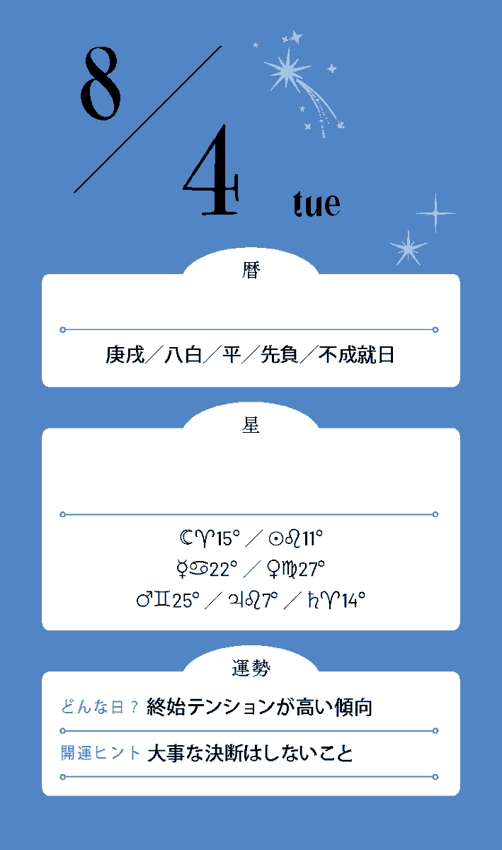 Mycalendar_st's tweet photo. #今日の運勢
8月4日💫

♈焦らず自分のペースで進もう
♉答えは急がなくても大丈夫
♊タイミングを見極める日
♋落ち着いて動けば道は開ける
♌急展開を期待しすぎないで
♍一歩ずつ積み重ねることが大切
♎余裕を持つほど運気アップ
♏慌てず冷静な判断を
♐今は準備を整える時間
♑急ぐより確実さを優先して
♒流れを信じて待つ勇気を
♓心を落ち着けると良い答えが見つかる

＼ 占い雑誌『マイカレンダー』復刊号発売中 ／
▼詳細はこちら
https://t.co/SEyYnUCNb2