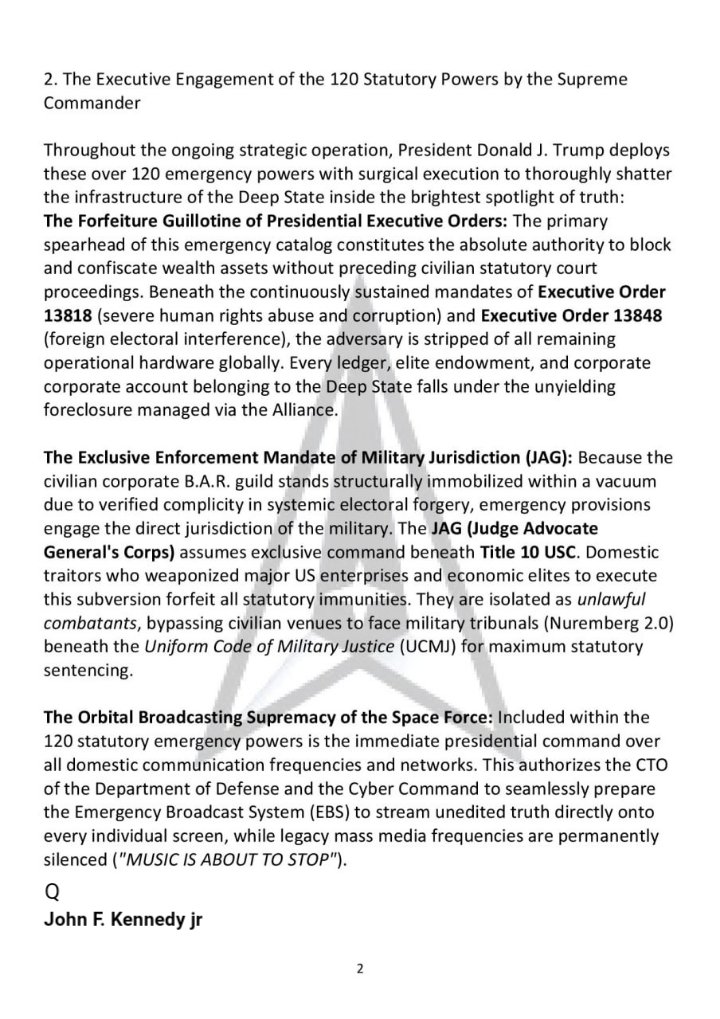 John_F_K_jr's tweet photo. EXECUTIVE MANDATE: THE NATIONAL EMERGENCY DOCTRINE – THE LEGAL ENGAGEMENT OF PRESIDENTIAL EMERGENCY POWERS WITHIN THE ALLIED OPERATION..

STAY AWAKE ⏰
TRUST THE PLAN https://t.co/6t9EPtwwGO