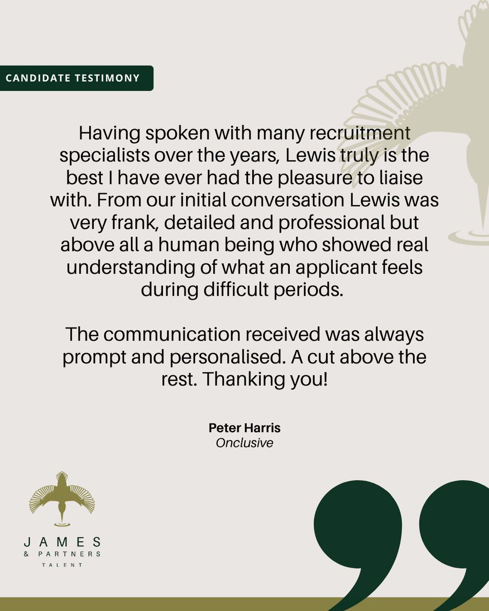 James_Partners's tweet photo. Finding the right opportunity is about more than matching a CV to a job description. Behind every placement is a person navigating an important career decision, which is why we believe in listening, communicating honestly, and supporting candidates every step of the way. https://t.co/xfxFw8RPWg
