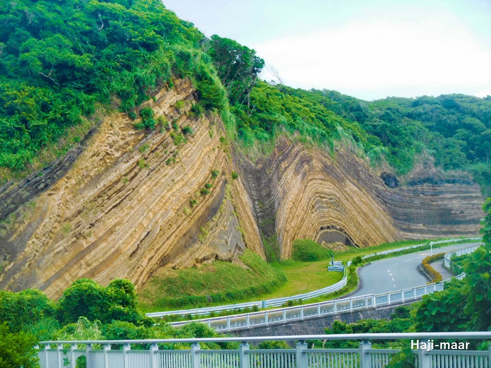 Haji_maar's tweet photo. 【伊豆大島“地層切断面”: 古代海道“東京諸島”北ルート】
地層切断面“通称:バームクーヘン”は、長さ約600mの崖です。波打った地層は、褶曲ではなく尾根に何層もの火山灰が積もったためできたものです。ここには2万年にも及ぶ噴火の歴史が刻まれています。　#伊豆大島　#地層切断面 https://t.co/6Hpil13vbr