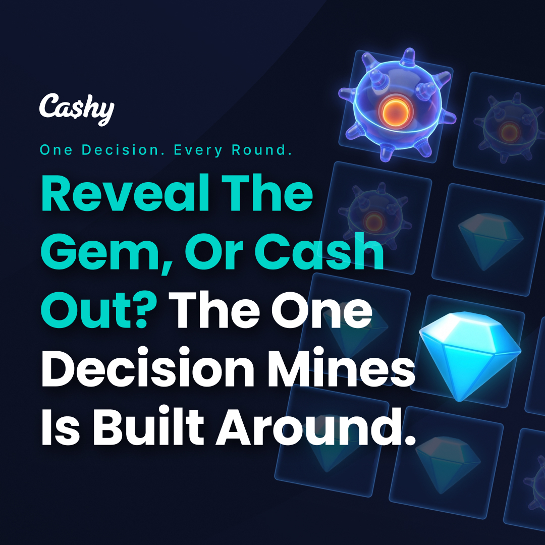 PlayCashy's tweet photo. Mines is simple enough to explain in one sentence, and it hooks players anyway.

Why it works:

> One decision per round: reveal or cash out
> Mine count sets the whole risk profile (most land on 3-7)
> Cashing out is hard because of loss aversion, not maths
> Provably fair - mine positions fixed before you touch a tile

Article in comments 👇