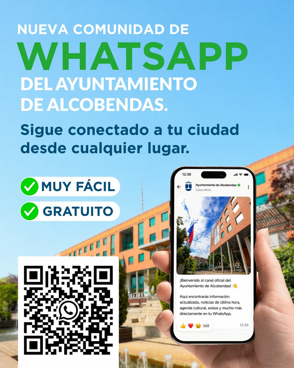 Alcobendas_ayto's tweet photo. 📲 ¿Quieres saber lo que ocurre en Alcobendas?

ℹ️ Únete a la comunidad de WhatsApp del Ayuntamiento y recibe información, avisos y novedades.

✅ Es fácil y gratuito. Escanea el código QR y... ¡mantente conectado con tu ciudad! 💙 https://t.co/dZUXrVVyEG