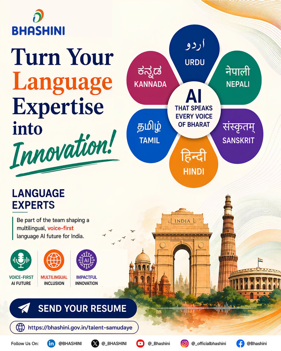 _BHASHINI's tweet photo. #Hiring_Alert

Every language deserves a place in the future of AI. Yours can help build it.

#BHASHINI is looking for Language Experts in Nepali, Sanskrit, and Urdu to help create language technologies that make digital experiences more inclusive, accessible, and truly multilingual.

If your expertise goes beyond speaking a language and into understanding its nuances, this is your opportunity to make a real impact.

Apply by: 4 August 2026

Send your resume: https://t.co/zUSAJritp1
Your language. Your expertise. India's next AI breakthrough.

#BHASHINI #WeAreHiring #Hiring #LanguageExperts #Nepali #Sanskrit #Urdu #LanguageAI #VoiceFirst #ArtificialIntelligence #DigitalIndia #Careers #Innovation

@GoI_MeitY @narendramodi @PMOIndia @AshwiniVaishnaw @JitinPrasada @SecretaryMEITY @amitabhnag @spalsi @_DigitalIndia @DPIITGoI @OfficialINDIAai @mygovindia @RajbhashaVibhag @HMOIndia @AmitShah @Zoho @amitabhk87 @OfficialINDIAai @startupindia @NICMeity @iitbombay
@iitmadras @IITKanpur @iitdelhi @bitspilaniindia @IIMAhmedabad @IIM_Calcutta @IIM_Bangalore @DelhiTechnical @IITGuwahati @IIM_I
