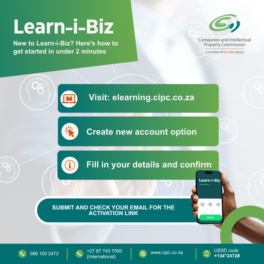 theCIPC's tweet photo. Getting started with Learn-i-Biz is quick and easy!

Follow these simple steps to access your e-Learning course:
1️⃣ Visit the Learn-i-Biz platform.
2️⃣ Log in or create an account if you're a new user.
3️⃣ Browse the available courses.
4️⃣ Select your course and start learning at your own pace.

🎓 Invest in your knowledge and build your business skills today.

🔗 Access Learn-i-Biz here: 
https://t.co/QJNoihYOcj

#CIPC #LearniBiz #eLearning #BusinessEducation #LearnOnline