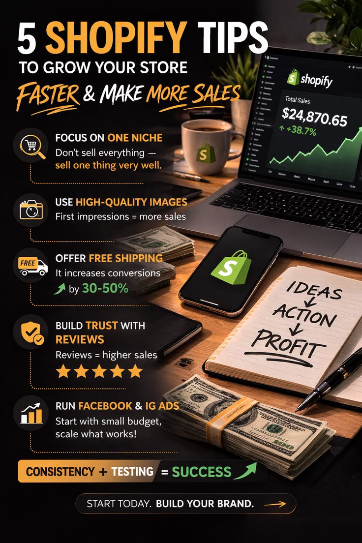 Tomson1129083's tweet photo. Shopify Tips

5 quick Shopify tips: ✅ Pick one niche ✅ Use quality images ✅ Offer free shipping ✅ Show real reviews ✅ Test your ads
Small improvements lead to big results.

#ShopifyTips #Ecommerce #BusinessGrowth #Shopify https://t.co/nWyOYhrQt7