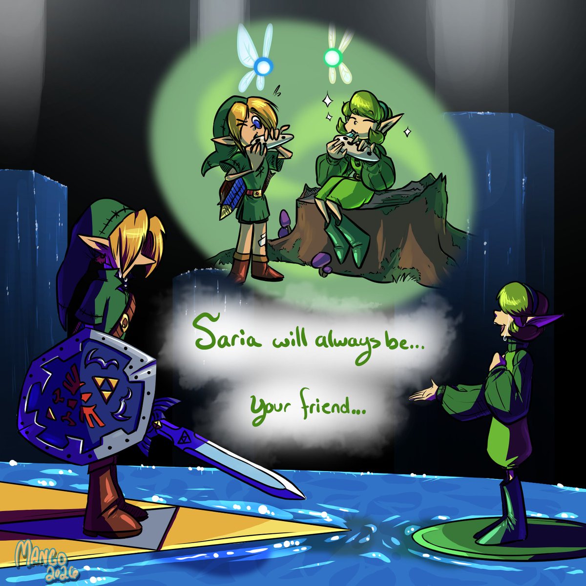 MangoDrawsCrap's tweet photo. finished a playthrough of ocarina of time and it spurred me to start this lil idea i had where i have link with each sage, starting with saria!

#tloz #ocarinaoftime #zelda #thelegendofzelda https://t.co/lybAyrf25v