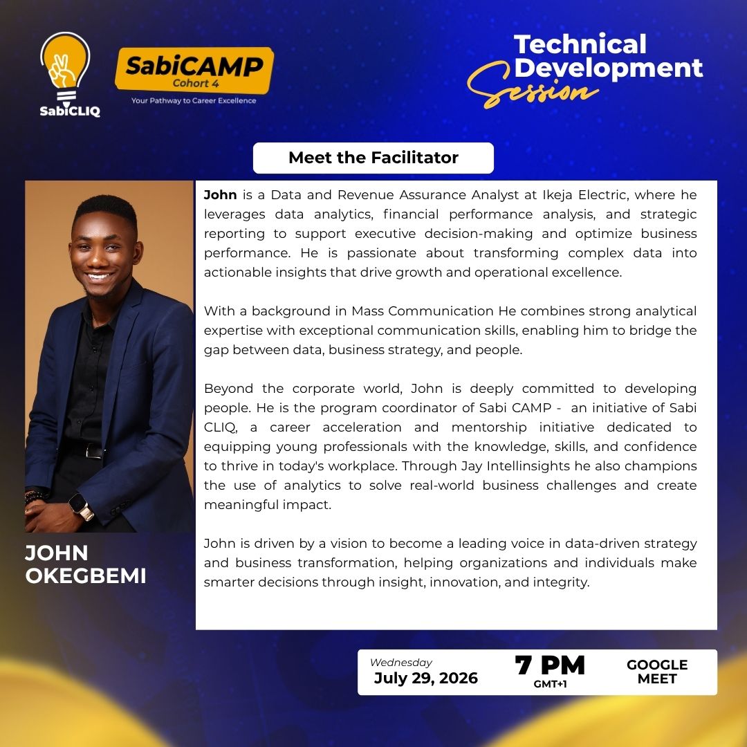 SabiCliq's tweet photo. Do you think Microsoft Excel is too difficult to learn?

Our last session changed that for many participants, even complete beginners.

Today, we're back with another practical session at SabiCAMP with our principal, @sirexuberant_, and we're ready to build on that momentum. https://t.co/QohUWSaIF5