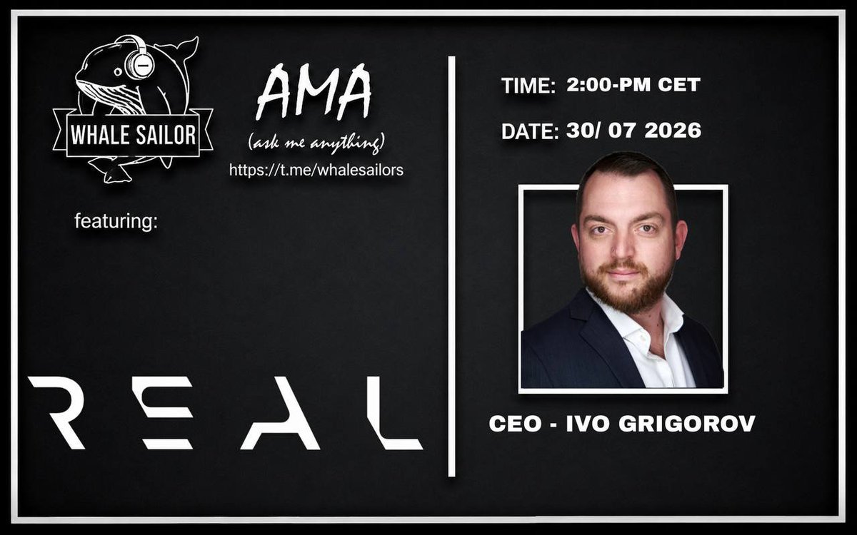 RealFinOfficial's tweet photo. Join the @whalesailors x REAL AMA - Learn, Connect & Earn! 

Come find out what institutional-grade RWA infrastructure looks like when it's built in from block zero.

Event Details:

📍 Venue: https://t.co/0KAwCrEGo6
📅 Date: July 30, 2026
⏰ Time: 2:00 PM CET
🏆 Prize: $200 USDC reward pool
💰 How to Earn

Participating is simple and open to everyone. Rewards go to the members who bring the most value to the conversation - not to random draws.

To boost your chances:

- Join the live session and stay active throughout
- Ask clear, meaningful questions about the project, product, or vision
- Engage respectfully and add to the discussion
- Complete any simple bonus tasks if announced (following socials, sharing the event)

At the end, the team selects ~5 winners based on question quality and overall engagement. The host reviews the live session and the recording afterward to keep it fair.

Do your homework: read through the website beforehand so your questions land. Quality questions = higher chances of being selected.

Winners will be DM'd after the session.

Bring your questions. Real answers, real value.

Real Value. On-chain.