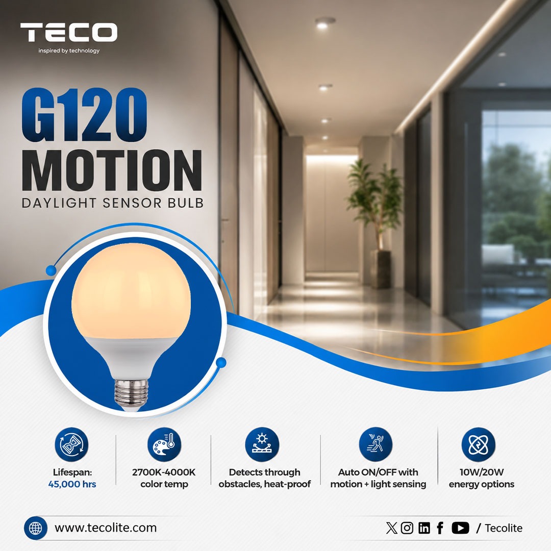 Tecolite_LED's tweet photo. Upgrade your spaces with the TECO G120 Motion Daylight Sensor Bulb—designed to deliver intelligent lighting, enhanced safety, and greater energy efficiency.

With built-in motion and daylight sensing, the bulb automatically lights up when movement is detected and switches off when no activity is present, helping reduce energy consumption without compromising comfort.

Perfect for hallways, staircases, entrances, garages, offices, and other high-traffic areas, the TECO G120 Motion Sensor Bulb offers a reliable, hands-free lighting experience for both residential and commercial applications.

Key Features:
✔ Motion + Daylight Sensor for Automatic ON/OFF
✔ Detects Motion Even Through Obstacles
✔ Heat-Proof Sensor Technology
✔ Warm to Neutral White (2700K–4000K)
✔ Up to 45,000 Hours Lifespan
✔ Available in 10W & 20W Energy-Efficient Options

For OEM, ODM, and project requirements, Tecolite also provides customized lighting solutions tailored to your specifications.

✨ Make your lighting smarter, safer, and more efficient with TECO.

🛒 Explore the complete range - https://t.co/svjzxo0e4R

#TecoLite #SmartLighting #MotionSensorBulb #DaylightSensor #EnergyEfficient #LEDLighting #HomeAutomation