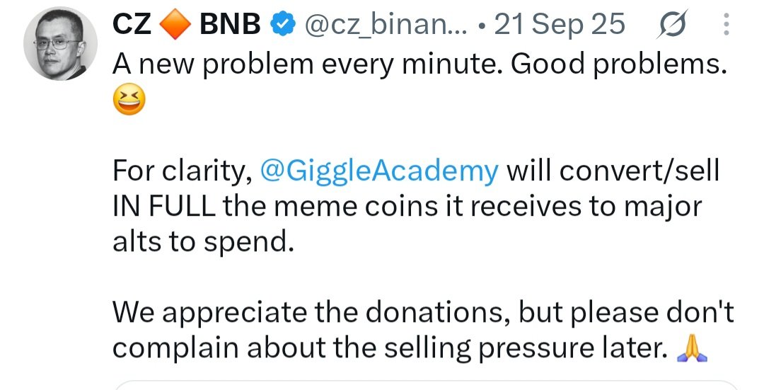TCryptochicks's tweet photo. Giggle Academy and CZ have stated many times that those coins will be sold one day, so every community should make sure everyone knows that. There should be no surprise here.

From now on, people will think twice before sending tokens to them. https://t.co/1LNzIuCodw