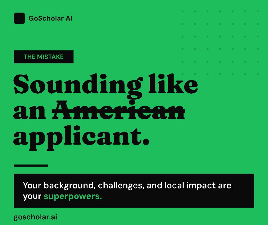GoscholarAI's tweet photo. Stop trying to sound like everyone else. Your story matters. Universities and scholarship committees want to know who you are, not a copy of another applicant. Your background, challenges, and impact in your community are what make your application stand out. 🌍✨

#GoScholarAI https://t.co/uCuGbf9RmZ