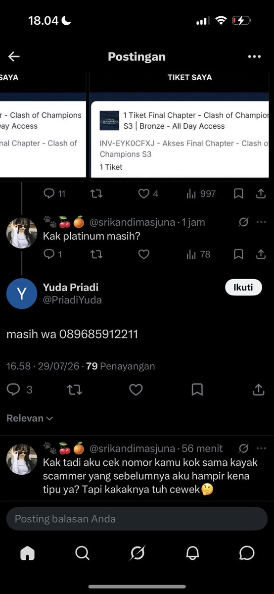 MikaaMikyy's tweet photo. Ges hati-hati kalau WA nomor ini : 089685912211, penipu jual tiket finchap coc season, bahasa WA nya kata temenku menjanjikan kayak terpercaya
Aku spill buktinya
#clashofchampion #tiketfinchap #penipu https://t.co/LKVI7PogOr