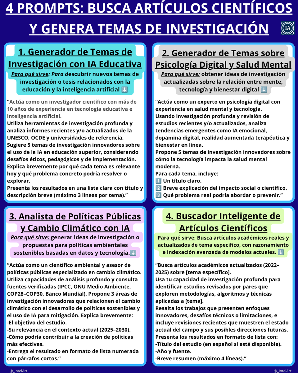 _IntelArt's tweet photo. 2026 no sirve Buscar en Google.
Los Investigadores usan IA en Investigación Profunda.

Reuní 4 Temas/Prompts:
-Educación
–Psicología Digital
–Política Pública
-Ciencia Aplicada

No Resumen. Llegarás a las Fuentes.
Sígueme, Comparte (RT) y Guarda: 
Pronto todos la Necesitarán ⬇️