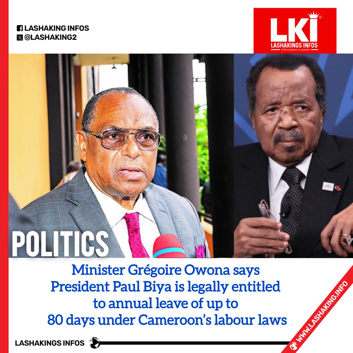 LASHAKING2's tweet photo. Owona Dismisses ‘Power Vacuum’ Claims Over Biya’s 50-Day Absence

Cameroon’s Minister of Labour and Social Security, who also serves as Deputy SG of  CPDM Central Committee, Grégoire Owona, has dismissed claims of a power vacuum in Yaoundé following 50 days...

#lashakinginfos https://t.co/MJ9pH7N5HQ