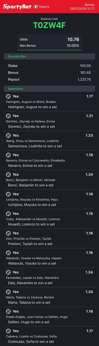 dfwpehlumiiii's tweet photo. CC: @Mrbankstips 
Tennis games on https://t.co/RhuVmdO7Iy converted to sportybet⤵️

U7ZW3B JP2354 T0ZW4F -sporty🧑🏿‍💻

Follow 4 convert of codes 2 ur preferred bookies! 

Retweet 4 larger audience😤🗣️ https://t.co/4Z0rIdXWsJ