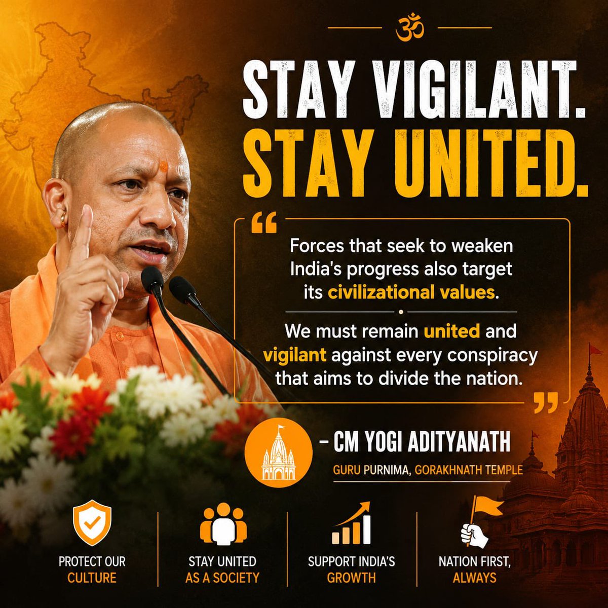 StringReveals's tweet photo. As India rises on the global stage, challenges don't disappear - they evolve. In his Guru Purnima address, CM Yogi Adityanath emphasized that safeguarding India's civilizational values, staying united, and remaining alert to forces that seek to create division is essential for the nation's continued progress. A message that goes beyond politics and speaks to national responsibility. 🇮🇳