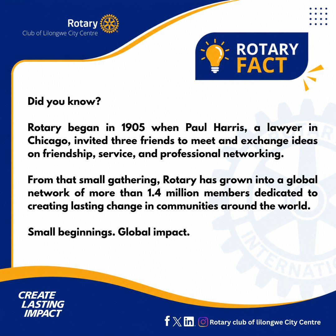 LCCRotary's tweet photo. Facts Wednesday | The Story of Rotary
Every great movement starts with a simple idea.

What started with four friends continues today through millions of People of Action, including right here at the Rotary Club of Lilongwe City Centre.

#ServiceAboveSelf #RotaryDistrict9210 https://t.co/Ksxrb3EsBg