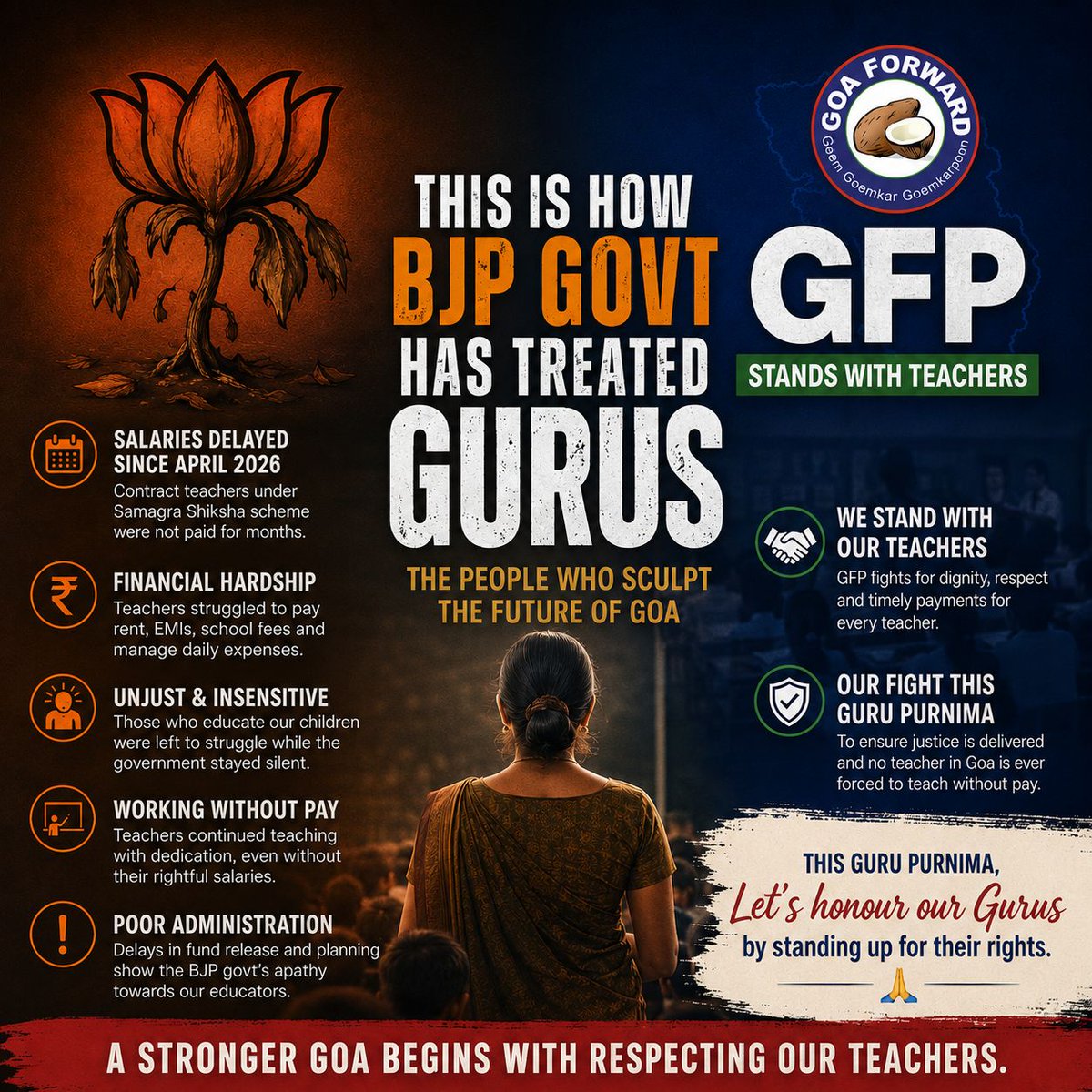 Goaforwardparty's tweet photo. BJP’s Guru Dakshina to Teacher’s is Unpaid Salaries!

Since April 2026, Samagra Shiksha contract teachers are working without salaries, struggling to meet rent, EMIs, school fees, and household expenses. The government also failed to implement the promised 5% annual increment (GO dated 23 October 2024), denying them their rightful wages and dignity.

A government that denies teachers their salaries and rights has no moral right to celebrate Guru Purnima. The Goa Forward Party has and will always stand for teachers' rights, demanding the immediate release of all pending salaries and implementation of the promised 5% annual increment.

#GFPforGoa #GoaForward #GuruPurnima #RightsForTeachers