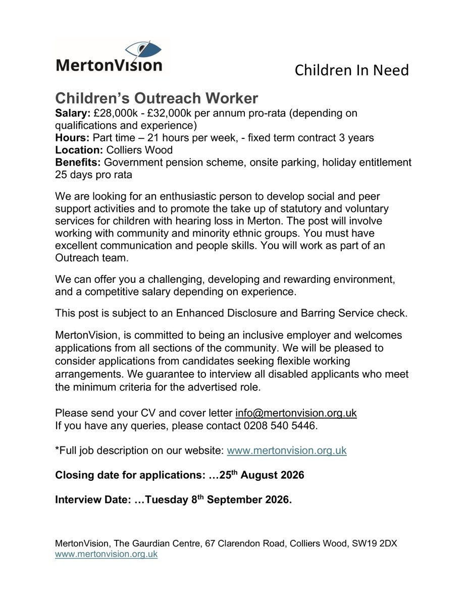 CAMertonLambeth's tweet photo. Does being a Children's Outreach Worker spark your interest? Then please see the latest job vacancy with @MertonVision
#job #children #intrest #outreach #vacancy https://t.co/0fvmzO6paj