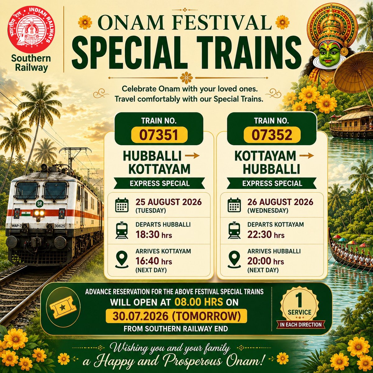 DRMPalghat's tweet photo. 🌾 Home is Calling... And So Are We 🚆

Onam Special Trains are ready to take you home for Kerala's biggest festival.

This festive season, let every journey end with a warm welcome home.

#Onam2026 #SpecialTrains #JourneyHome #SouthernRailway #IndianRailways https://t.co/fIIVklsTXg