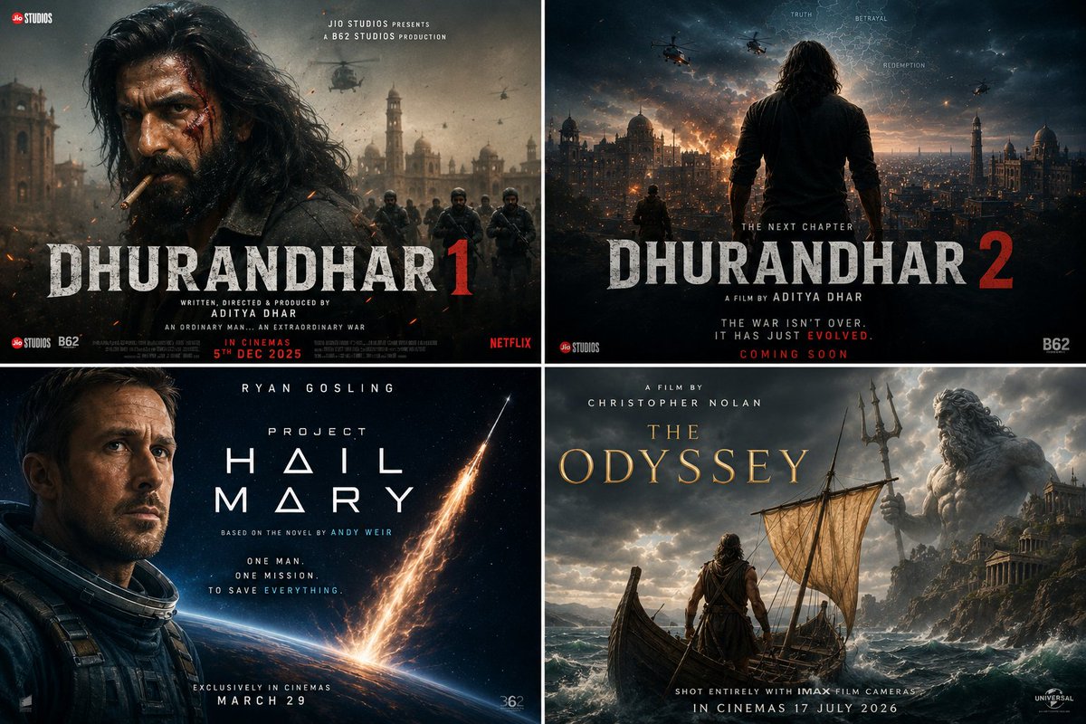 bablu345's tweet photo. #cinema at its peak. It cannot be better thn this . Fortunately I watched four movies on the big screen this year . And they all turned out to be pinnacle of cinematic storytelling. #dhurandhar #odyssey #projecthailmary . #bollywood #hollywood 
Which one is the best among them? https://t.co/kZKtoaAneH