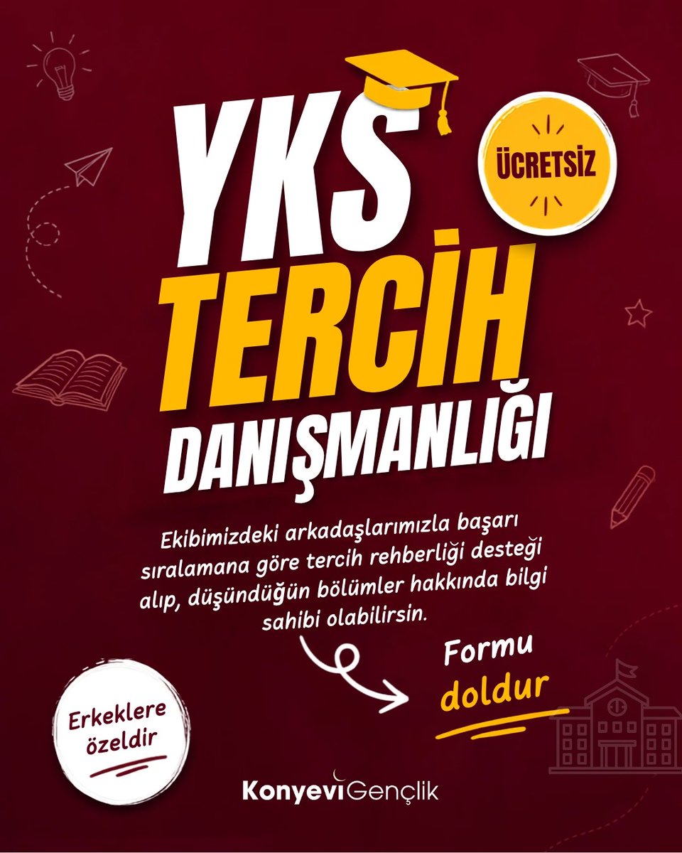 KonyeviGenclik's tweet photo. 🎓 YKS tercih danışmanlığımız başladı!

Başarı sıralamanıza göre doğru tercihleri yapmak ve düşündüğünüz bölümler hakkında bilgi almak için formu doldurun. Ekibimiz sizinle iletişime geçsin.

📌 Danışmanlık yalnızca erkek öğrencilere yöneliktir.

https://t.co/mMxiKpDVS6 https://t.co/GpiA0Esqke