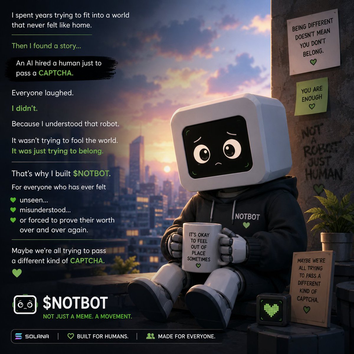 sammyweb97's tweet photo. Maybe we're all running our own invisible CAPTCHA every day.
Trying to fit in, Trying to be understood, Trying to prove we belong.
That's why $NOTBOT feels different.
It's not just a robot, It's a reflection of us. https://t.co/J6tU9iq7XY