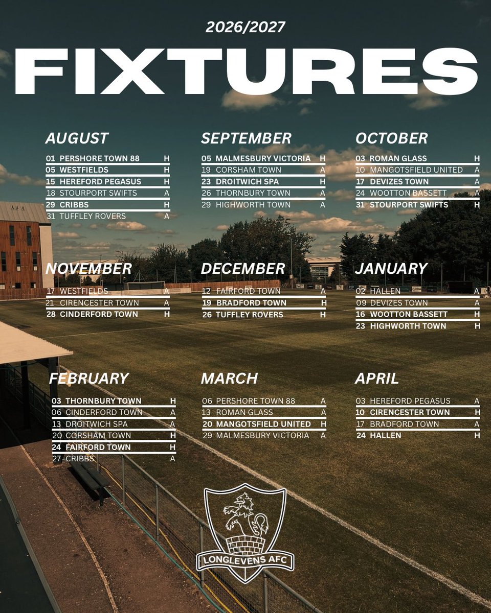 longlevensafc's tweet photo. Our 2026/27 campaign gets underway on Saturday where we face @PTFC88 

Here are how are fixtures are lined up for the season! 

We can’t wait to get started!

#UpTheLevens🔴⚫️ https://t.co/516EwBoHTB