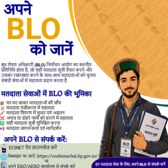 hpelection's tweet photo. बूथ लेवल अधिकारी (BLO) लोकतंत्र की मजबूत नींव हैं।
वे प्रत्येक पात्र नागरिक का नाम मतदाता सूची में पंजीकृत कराने और निर्वाचन संबंधी सेवाओं में सहायता सुनिश्चित करते हैं।
अप��े #BLO को जानें और जागरूक एवं सशक्त मतदाता बनें।
#ECISVEEP #ECI #voterregistration #voterlist https://t.co/mAeyk83JO3