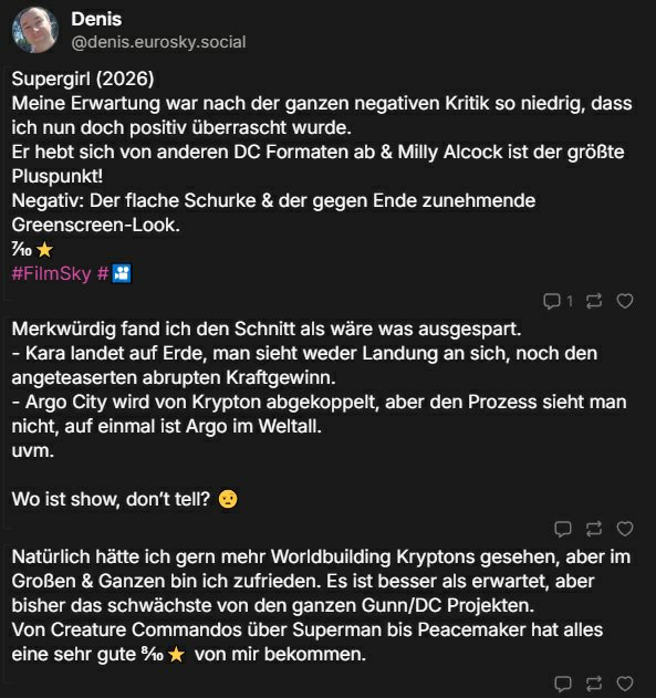 Denis_jb's tweet photo. @EsLebeDerKonsum Da wir mal über die vertane Chance geredet haben bezüglich Brainiac, wollte ich dich wissen lassen wie ich Supergirl fand. Völlig in Ordnung. 🙂 Drüben auf BlueSky hab ich das noch bisschen ausführlich beschrieben: https://t.co/Dm6UJ0gAHt