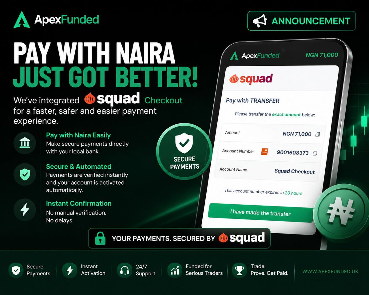 awatrading4's tweet photo. 🇳🇬 Nigerian traders, this is a huge win!

You can now pay for your @APEXFUNDED5qe challenge directly in Naira (₦) via Squad Checkout.

✅ Fast bank transfers
✅ Instant payment confirmation
✅ Automatic account activation
✅ Secure & hassle-free checkout

No more payment stress—fund your challenge and get trading. 📈🔥

#ApexFunded #Forex #PropFirm #Nigeria #Trading #FundedTrader