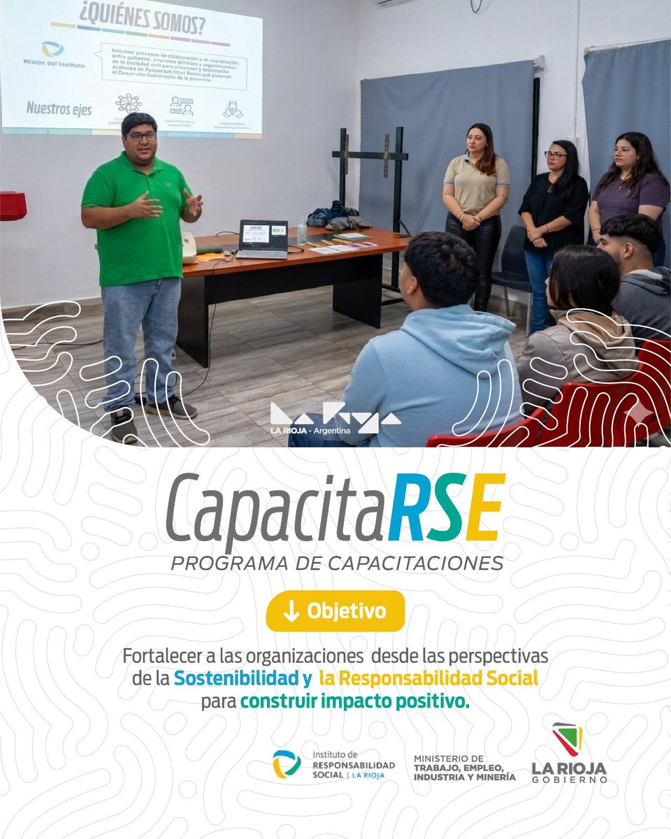 IRSLaRioja's tweet photo. ✨ Nuestro equipo continúa trabajando en la construcción de organizaciones socialmente responsables y sostenibles. 

🧑🏻‍🏫 Promovemos instancias de  capacitación gratuitas y adaptadas a cada organización. 

🏢 Tu institución puede ser parte del programa #CapacitaRSE. https://t.co/gknoBCK8Qf
