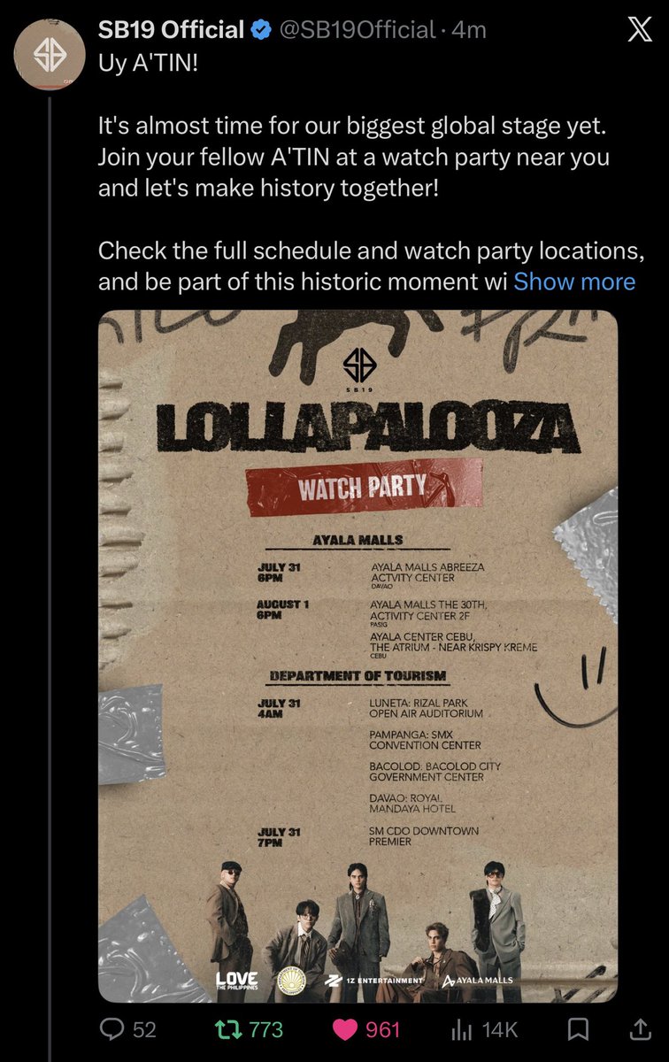 jorgesnic's tweet photo. Hindi lahat ng artist nabibigyan ng rights to livestream on their own chosen platform ung  performance nila sa Lollapalooza 🥺 

and now SB19 is able to do it in multiple ways 😭 Kasama na sila sa Disney+ stream, may sarili pa sila via weverse, TAPOS MAY WATCH PARTY PA 😭 https://t.co/qFB2Fc0x6m