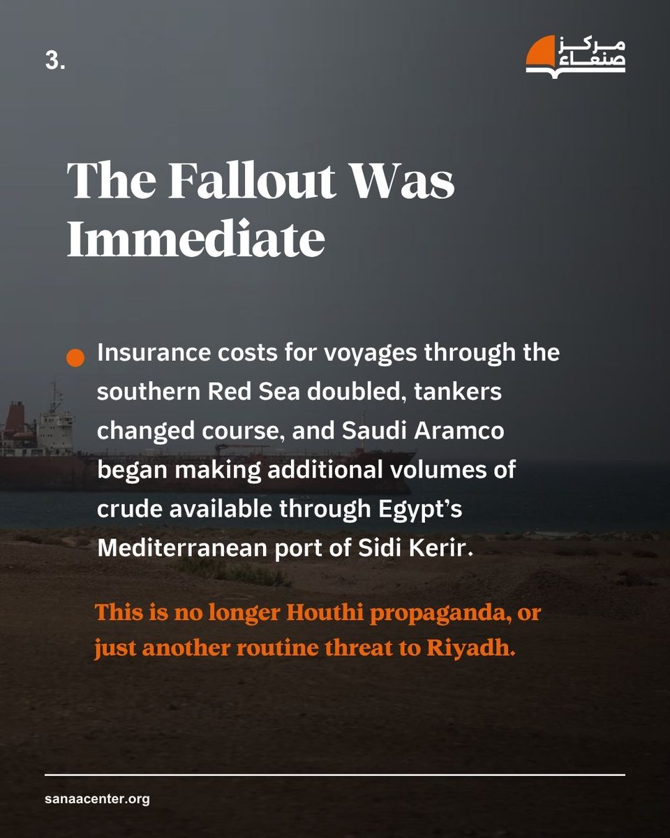 SanaaCenter's tweet photo. The Houthis are setting a dangerous precedent in the Red Sea. They don't need to close the Bab al Mandab, just the threat is enough to raise costs, reroute tankers, and force the world to respond.

Read our Chairperson Maged Al-Madhaji @MAlmadhaji analysis: https://t.co/qnh9LZb4NC
