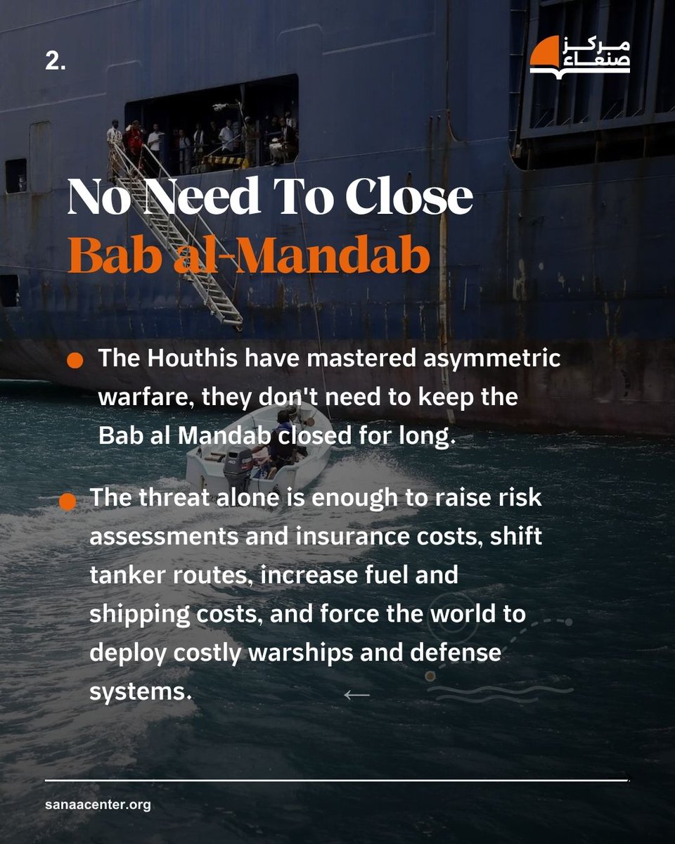 SanaaCenter's tweet photo. The Houthis are setting a dangerous precedent in the Red Sea. They don't need to close the Bab al Mandab, just the threat is enough to raise costs, reroute tankers, and force the world to respond.

Read our Chairperson Maged Al-Madhaji @MAlmadhaji analysis: https://t.co/qnh9LZb4NC