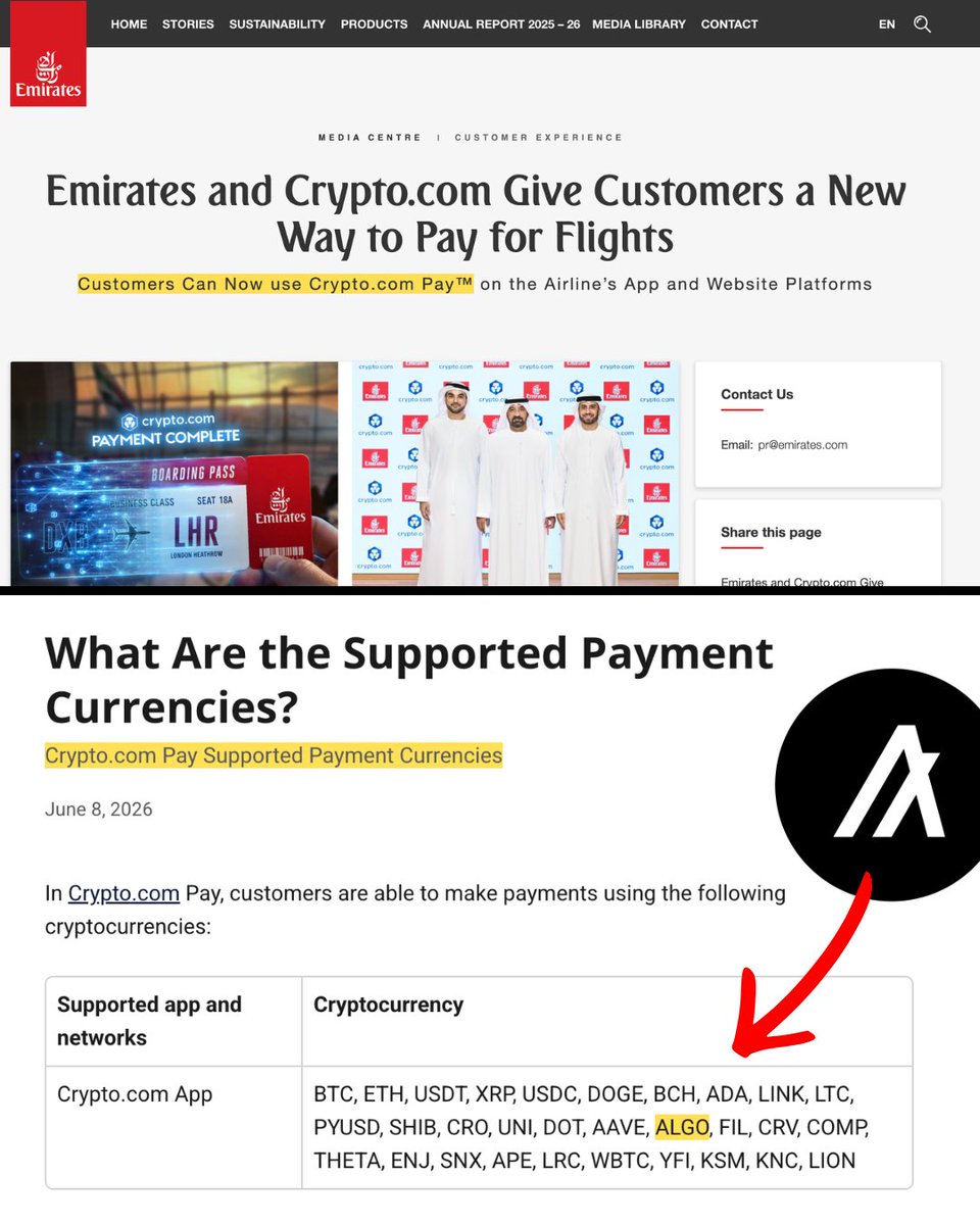 algerstmehn's tweet photo. 🚨 Eligible UAE residents can now use $ALGO to book @emirates flights through @cryptocom Pay! ✈️🇦🇪

The option is now available at checkout for bookings priced and settled in AED! https://t.co/3BpGngfHio