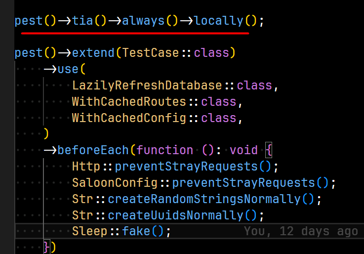 MrPunyapal's tweet photo. Pest 5 TIP: You can enable the TIA plugin by default, so you don't need to brag to AI about adding the --tia flag to your commands. 

And yeah, this can be a good setup for your pest.php in your Laravel project. https://t.co/nfeIvBkw1G