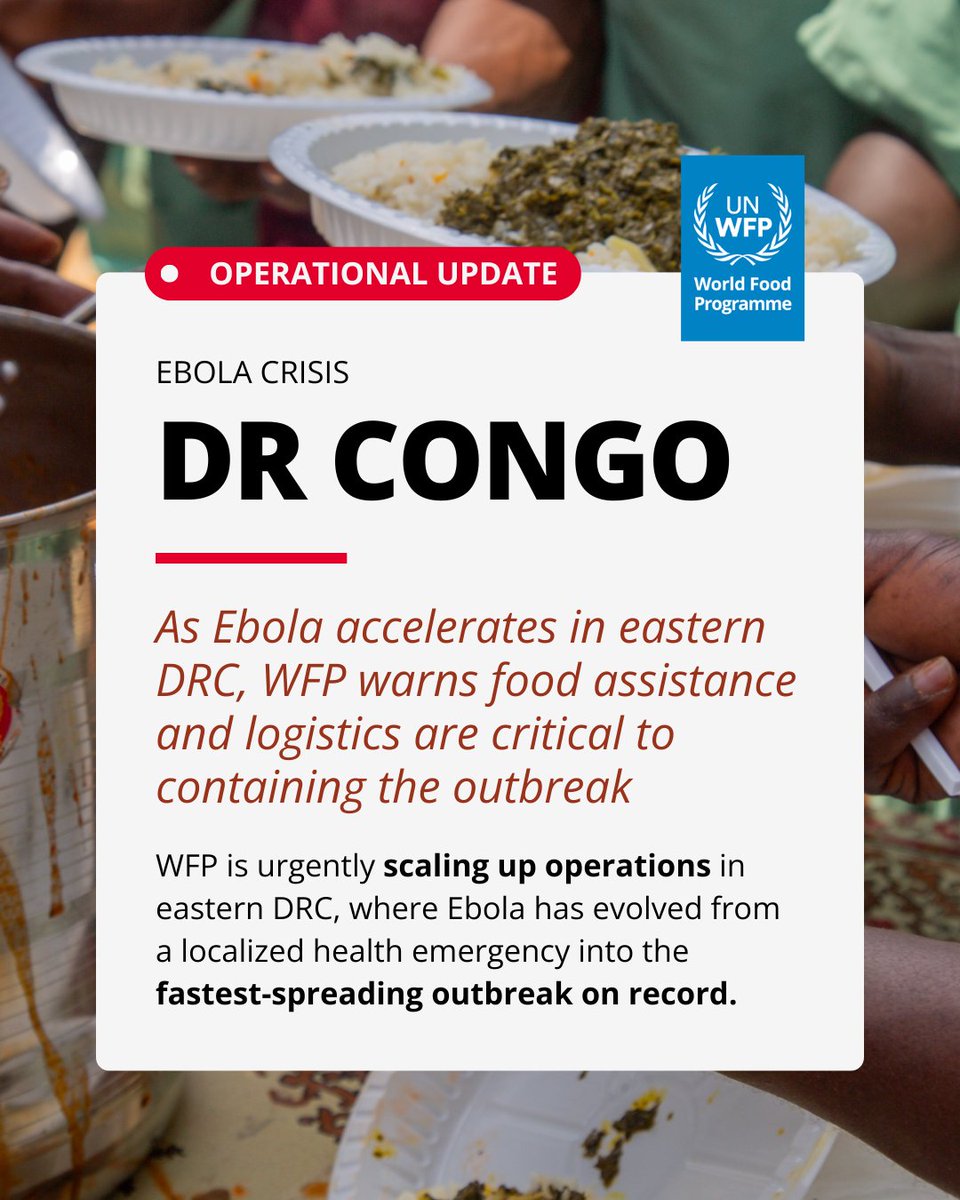 WFP's tweet photo. 🚨#DRCongo: Ebola is now affecting 48 health zones across five provinces.

WFP is scaling up food assistance, logistics and air services to help contain the outbreak. 

So far,  teams have delivered more than 160,000 hot meals at treatment and isolation centres and operated 495 flights to frontline locations via @WFP_UNHAS, but speed and resources remain a challenge. 

Read more: https://t.co/tTRsWwNCtJ