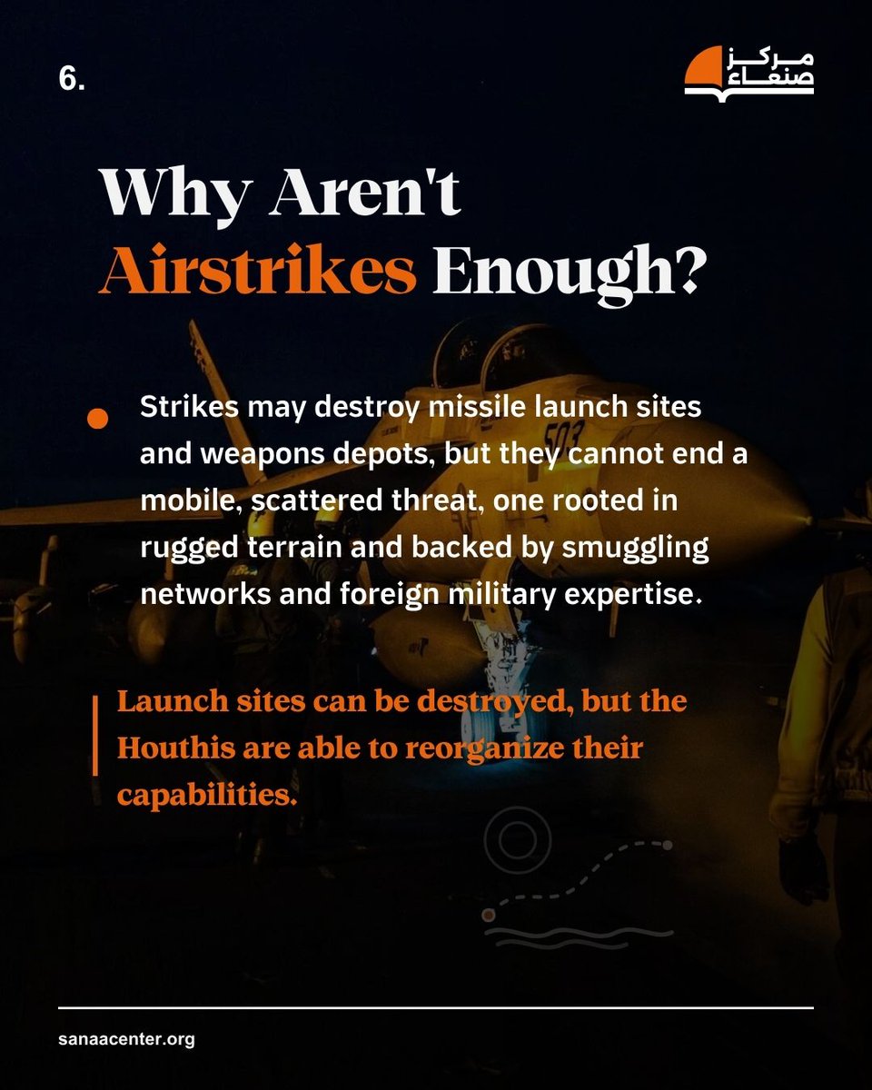 SanaaCenter's tweet photo. Airstrikes alone haven't stopped the Houthis. Our chairperson Maged Al-Madhaji @MAlmadhaji lays out what a real strategy to address this would take.

Full analysis: https://t.co/WFwizXb3Se https://t.co/vm1vOzwypm